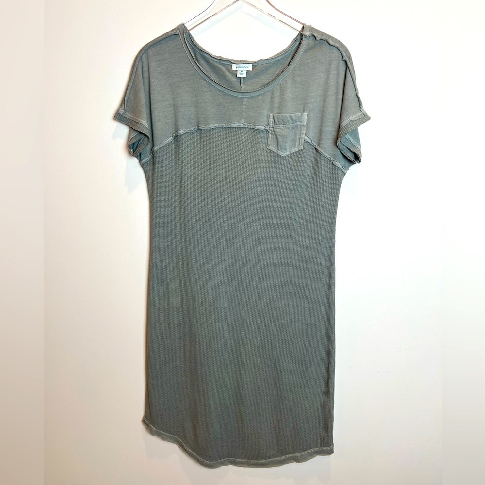 Sundance olive green/grey waffle dress raw hem loose fit dress Sz M short sleeve